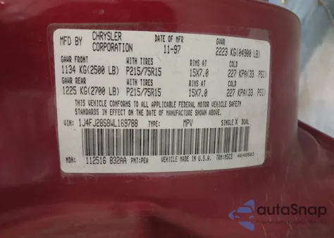 1998 Jeep Cherokee Se из США, поврежденный, VIN 1J4FJ28S8WL169788